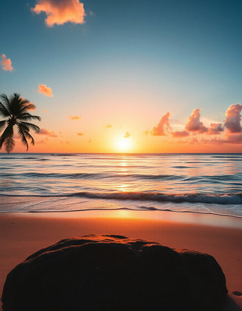 Beautiful sunset on the beach with palm trees. Tropical landscape.の写真素材