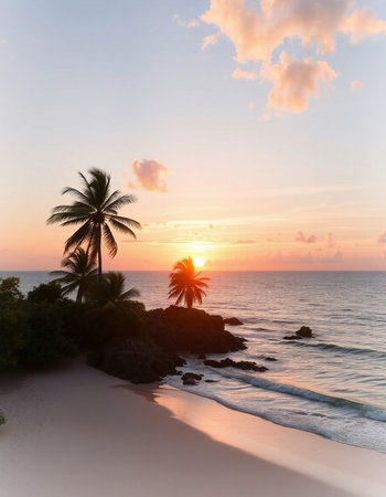 Beautiful sunset on the beach with palm trees and rocks in the foreground