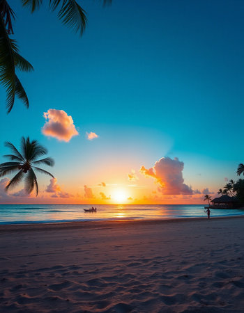 Beautiful tropical beach and sea with coconut palm tree at sunset time - Holiday Vacation concept
