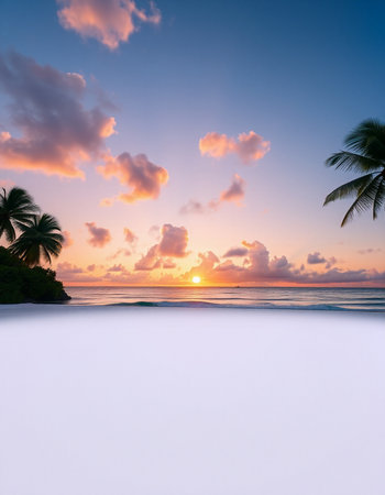 Beautiful tropical beach and sea with coconut palm tree at sunset time - Holiday Vacation conceptの写真素材