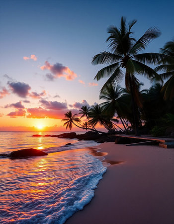 Tropical beach at beautiful sunset, Seychelles.の写真素材