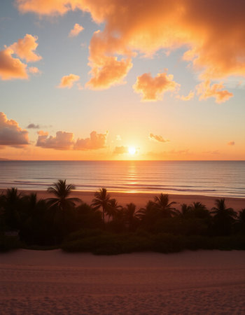 Beautiful sunset on the beach with palm trees and sand dunesの写真素材