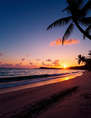 Tropical beach at beautiful sunset, Seychelles.の写真素材