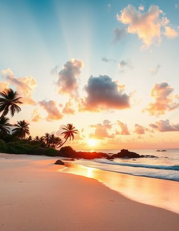 Tropical beach with palm trees at beautiful sunset. Nature background