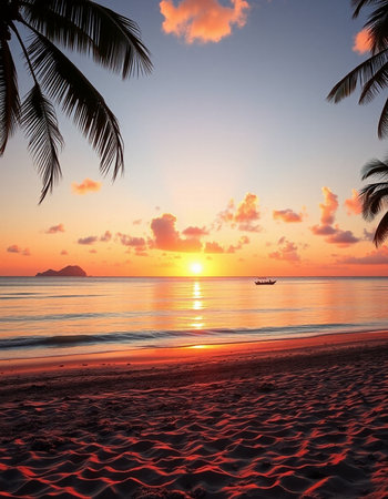 Beautiful sunset on the beach with palm trees and a boat.