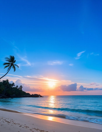 Beautiful tropical beach and sea with coconut palm tree at sunset time - Holiday Vacation concept
