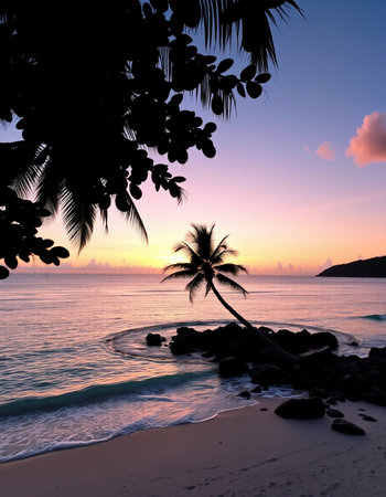 Tropical beach with palm trees at sunset, Seychelles