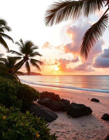 Beautiful sunset on the tropical beach with palm trees and granite rocks