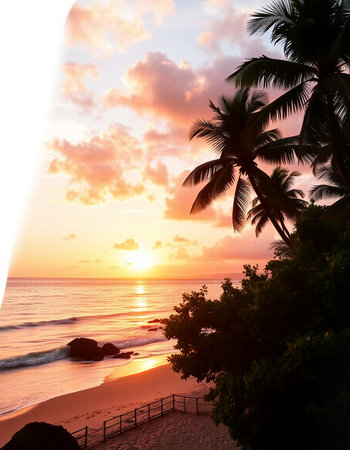 Tropical beach with palm tree at beautiful sunset. Nature background
