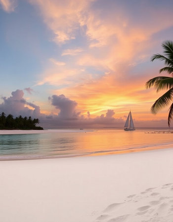 Tropical beach with palm tree at beautiful sunset, Maldives