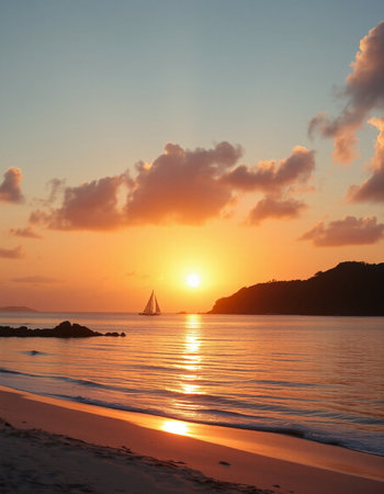 Sailboat on the beach at beautiful sunset.