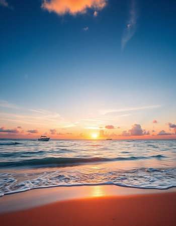 Beautiful tropical beach and sea at sunset time for travel and vacationの写真素材