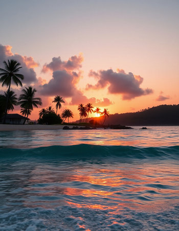Beautiful sunset on a tropical beach with palm trees and sea waves