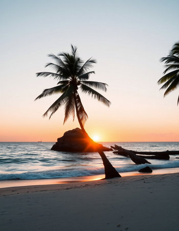 Beautiful sunset on the beach with palm trees silhouettes. Tropical backgroundの写真素材