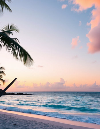 Beautiful tropical beach and sea with coconut palm tree at sunset time - Holiday Vacation concept