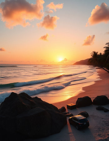 Sunset on the beach in Seychelles, Maheの写真素材