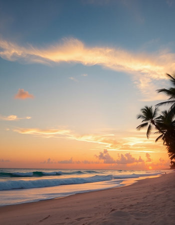 Beautiful tropical sunset on the beach with palm trees and blue skyの写真素材