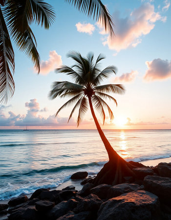 Coconut palm tree on the beach at beautiful sunset. Nature background