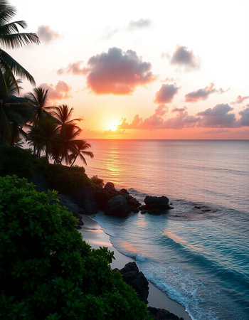 Beautiful sunset on the beach with palm trees and rocks in the foreground