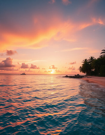 Beautiful tropical beach and sea with coconut palm tree at sunset time - Holiday Vacation concept