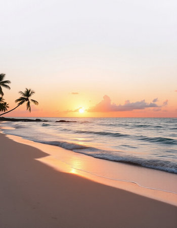 Beautiful tropical beach and sea with coconut palm tree at sunset time - Holiday Vacation conceptの写真素材