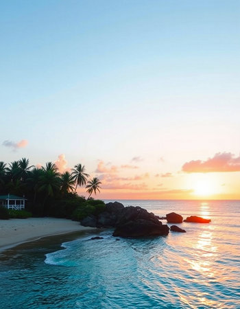 Beautiful sunset on the beach with palm trees and rock in the foreground