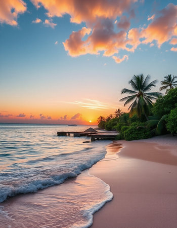 Beautiful sunset on the beach in Maldives with palm trees and jettyの写真素材