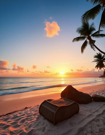 Beautiful tropical beach at sunset time with palm treesの写真素材