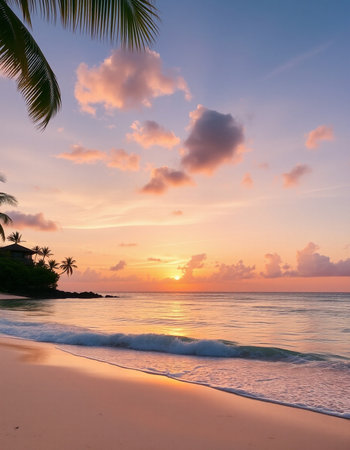Beautiful tropical beach and sea with coconut palm tree at sunset time - Holiday Vacation conceptの写真素材