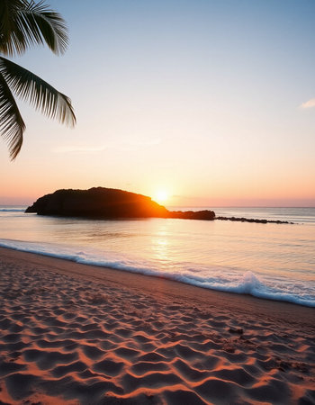 Tropical beach at sunset with palm trees and sand in foregroundの写真素材