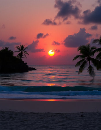 Sunset on the beach in the tropics with palm trees.