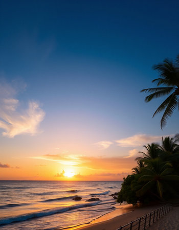 Beautiful sunset on the beach with palm trees in the foreground.