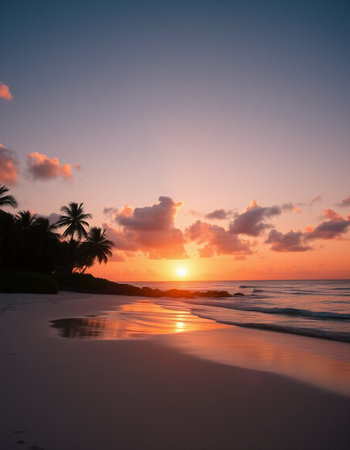 Beautiful sunset on a tropical beach with palm trees and sand.