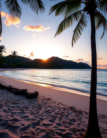 Beautiful tropical beach and sea with coconut palm tree at sunset time