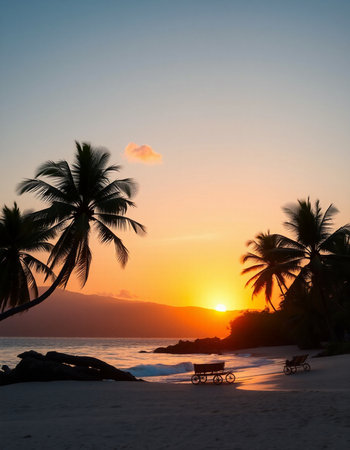 Tropical beach with palm trees at sunset, Seychellesの写真素材