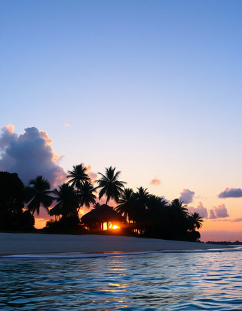 Beautiful sunset on a tropical island with palm trees. Maldivesの写真素材