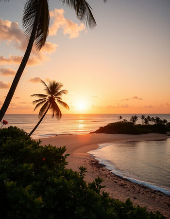 Palm tree on the beach at sunset, Seychelles