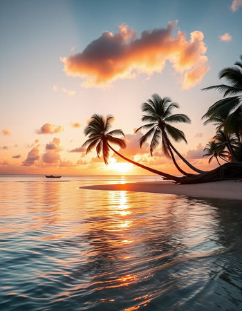 Beautiful sunset on a tropical island with palm trees and a boat