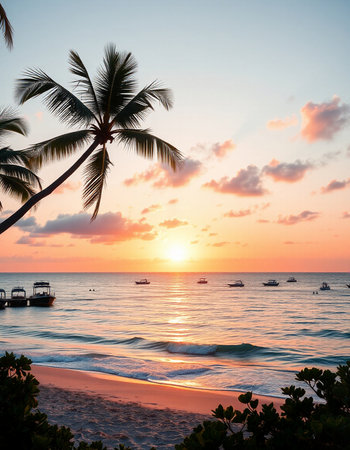 Beautiful tropical beach and sea with coconut palm tree at sunset time - Holiday Vacation concept
