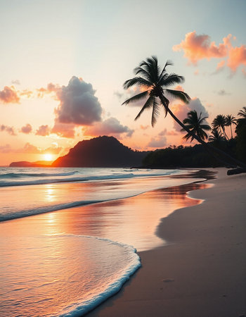Tropical beach with palm trees at sunset, Seychellesの写真素材