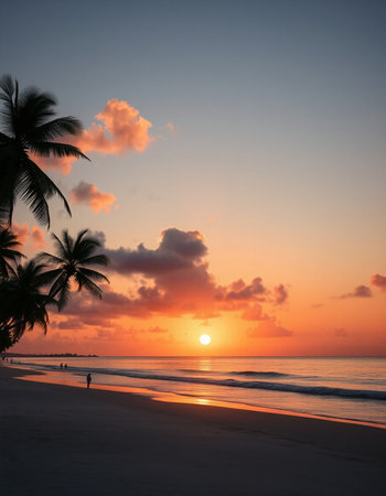 Beautiful sunset on the beach with palm trees in the foreground.