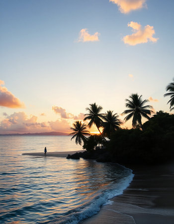 Tropical beach at sunset with palm trees.