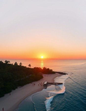 Aerial view of beautiful tropical beach and sea with coconut palm tree at sunset time for travel and vacationの写真素材