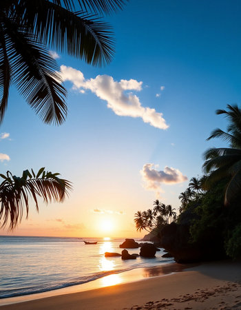 Tropical beach with palm trees at sunset, Seychellesの写真素材