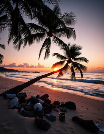 Coconut palm trees on the beach at beautiful sunset, Thailand