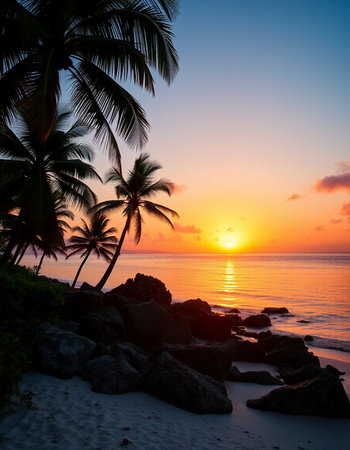Beautiful sunset on the tropical beach and sea with coconut palm tree