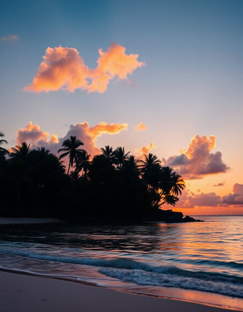 Beautiful sunset on a tropical beach with palm trees silhouettes.