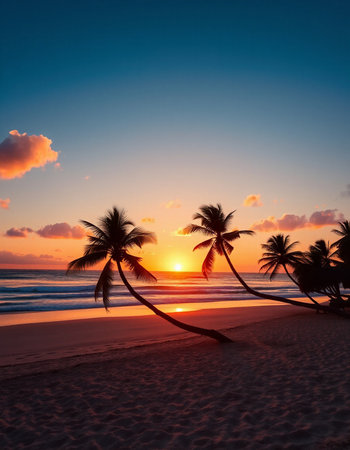 Coconut palm trees on a beautiful tropical beach at sunset.