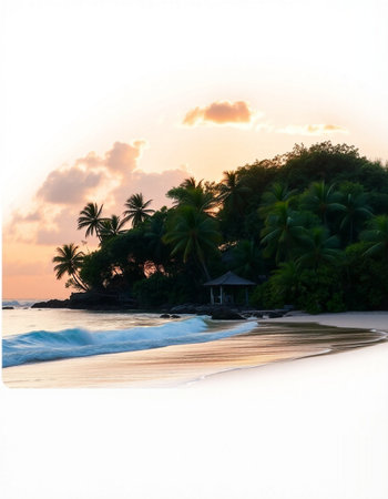 Tropical beach at sunset with palm trees and bungalowsの写真素材