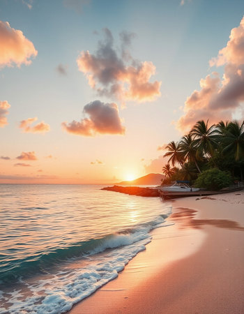 Beautiful tropical beach and sea with coconut palm tree at sunset time - Holiday Vacation concept